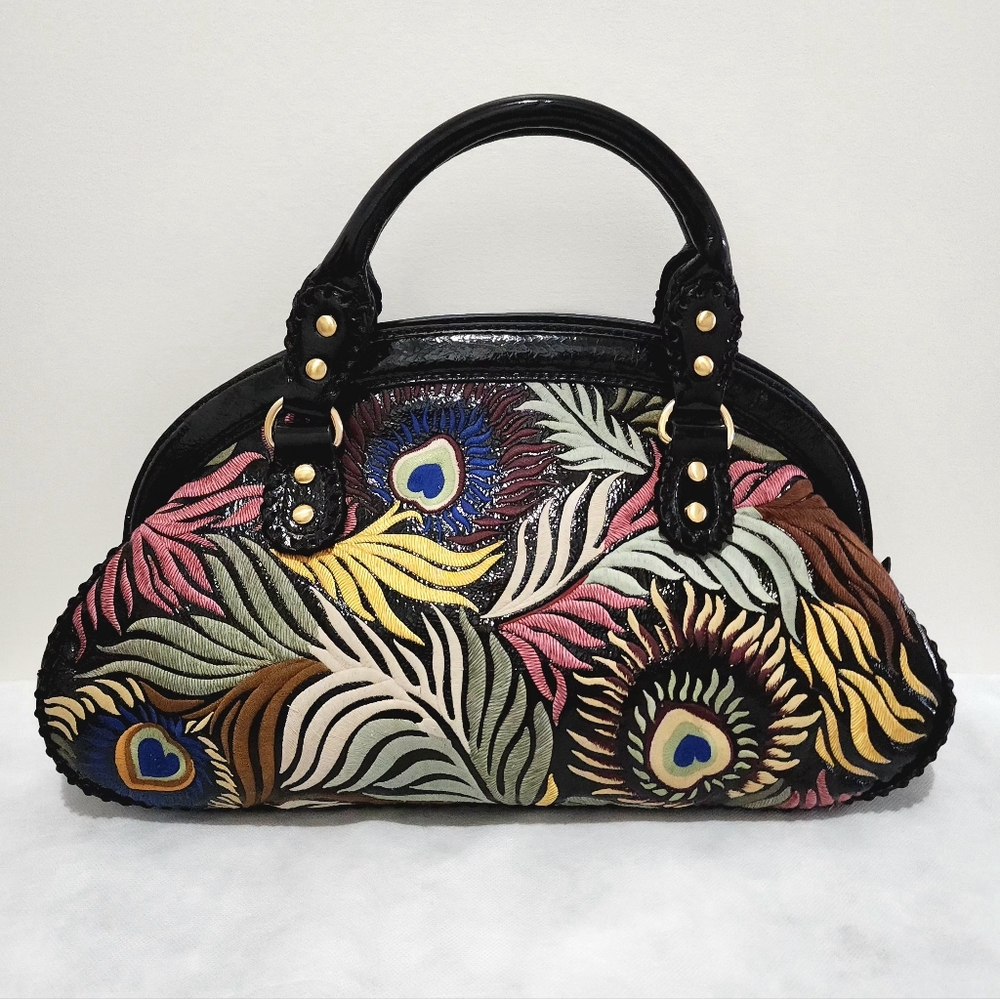 Isabella Fiore Peacock Feather Embroidered Black Leather Handbag